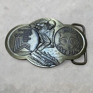 Vintage 1980 Lake Placid Olympic Games Skiing Brass Belt Buckle Hilton Crafts